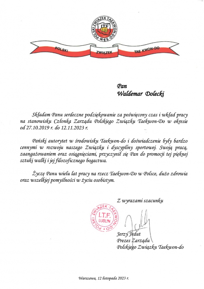 Podziękowanie za pracę w Zarządzie PZTKD